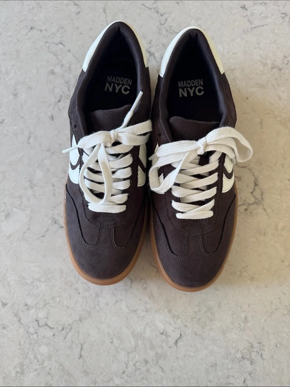 NWOT Madden NYC Platform Sneakers in Chocolate Brown with White Stripe women’s 9